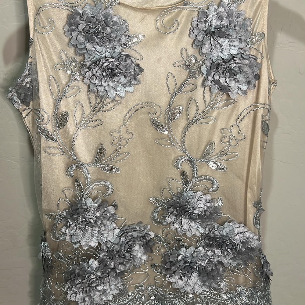 Embroidered Dress Mini Gown Silver Tulle Formal Dance Holiday Party New Years - Picture 3 of 13